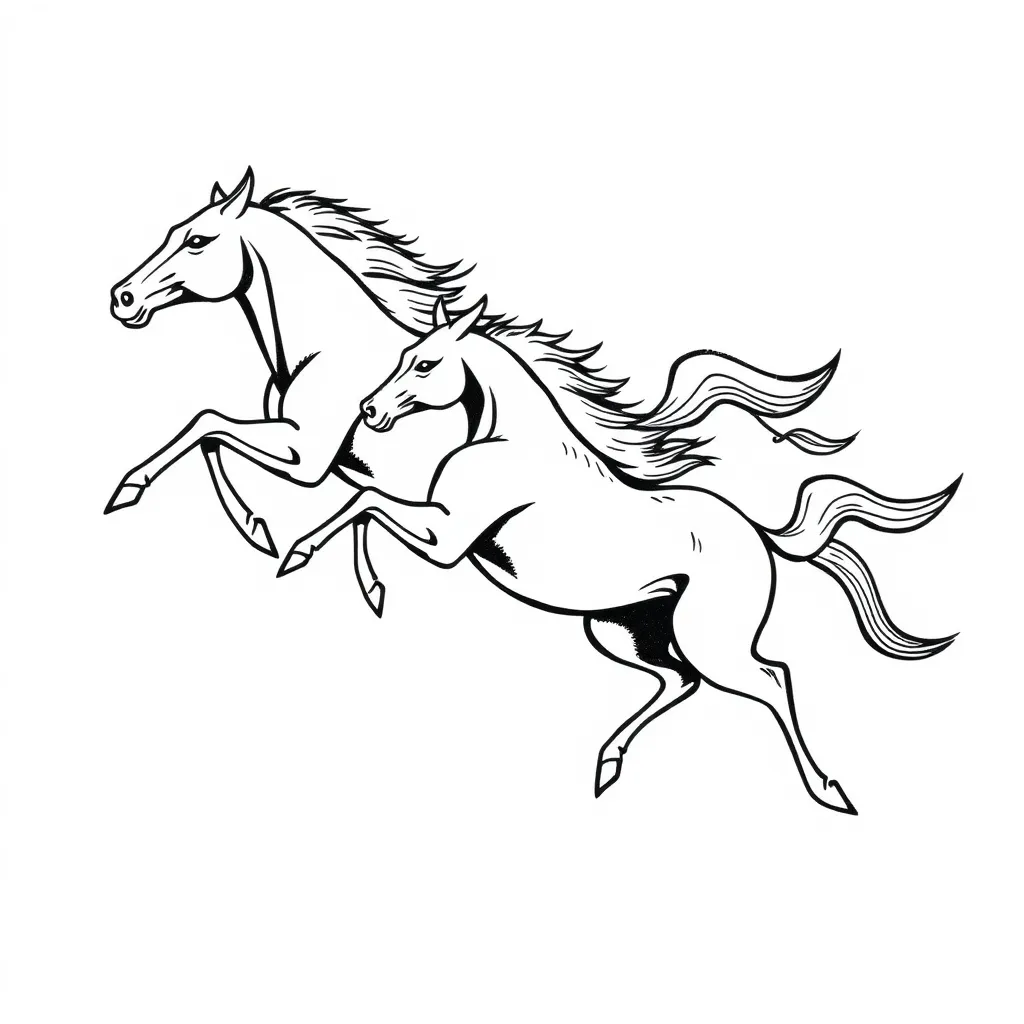 running streamlined mustangs outlined in lines on a white background tattoo