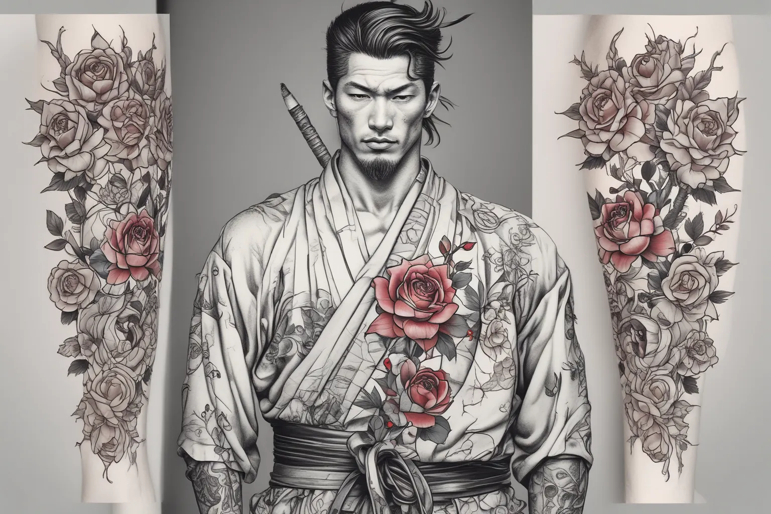 Samurai wearing a kimono, forming a rose  tatuagem