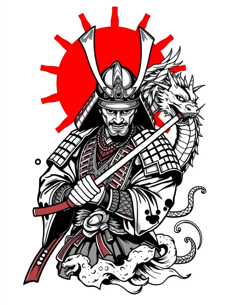 Samurai with dragon and japan aun symbol tatouage