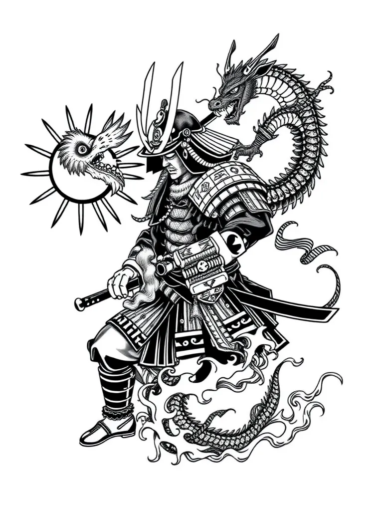 Samurai with dragon and japan aun symbol tatuagem