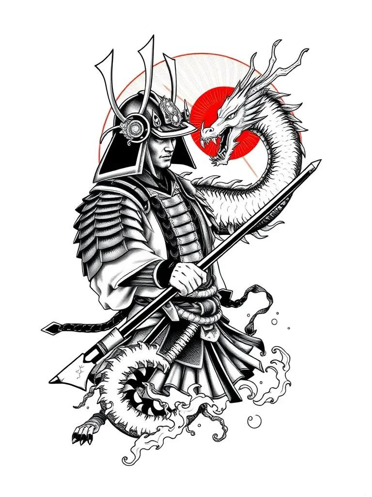 Samurai with dragon and japan aun symbol tatuagem