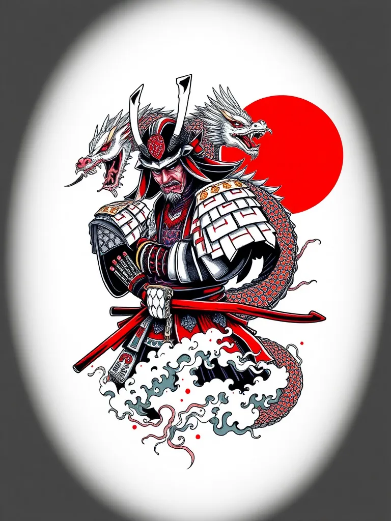 Samurai with dragon and japanese red sun tatouage