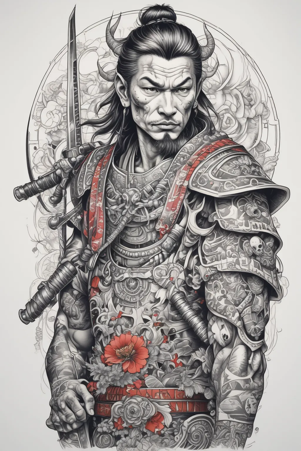 Samurai with nanotechnology prosthetics  tattoo