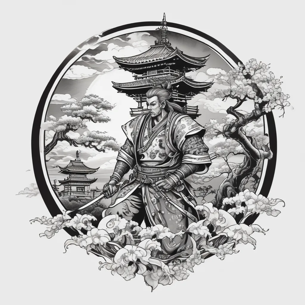 samurai with pagoda on flame behind, dark Japanese night with full moon and sakura Tätowierung