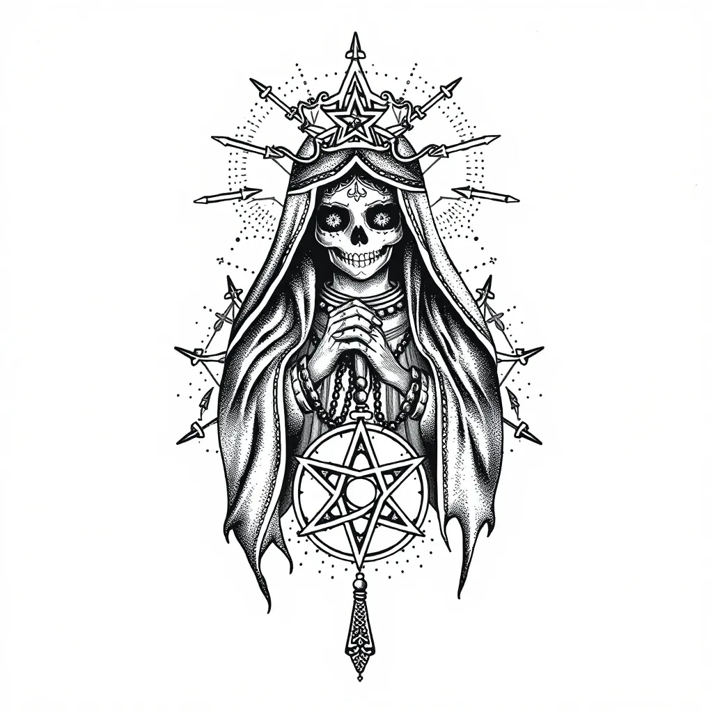 santa muerte, rosario y pentagrama  tatouage