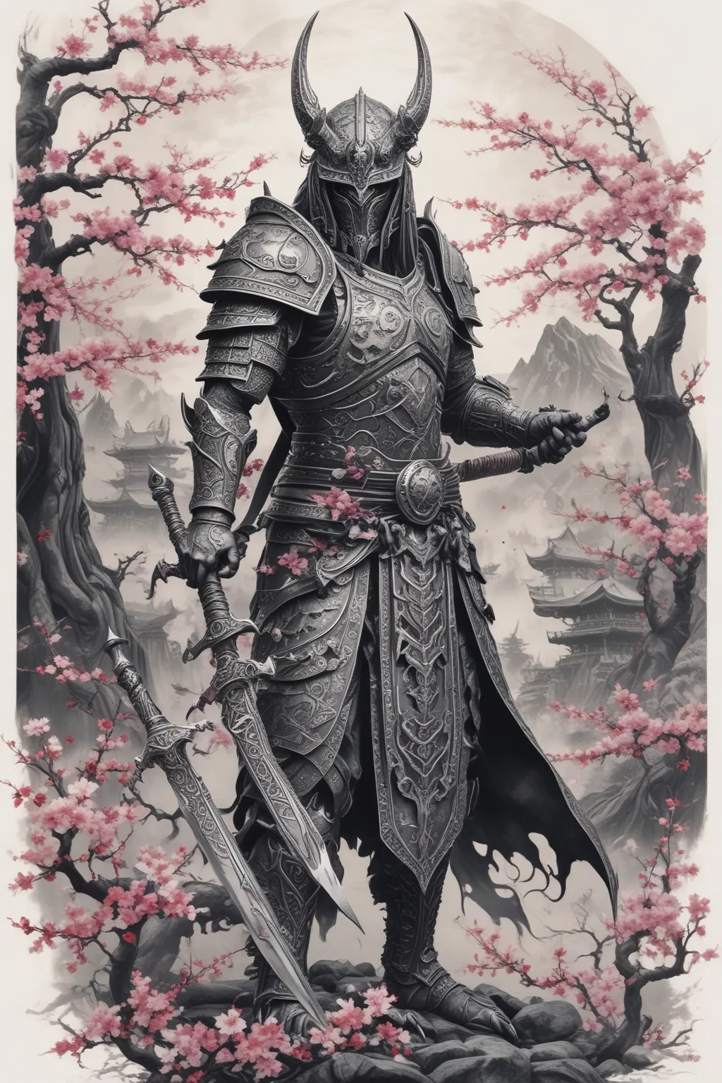 Sauron from The Lord of the Rings as a samurai warlord in dark, intricate armor with a demonic helmet. He wields a large, rune-inscribed katana. The background features a dark, mystical landscape with falling cherry blossoms, creating an ominous, epic atmosphere blending Middle-earth and ancient Japan وشم