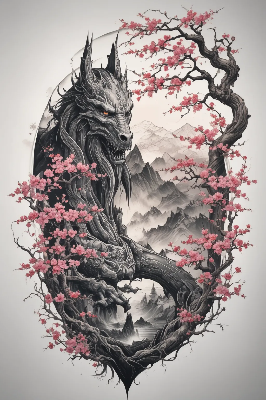 Sauron from The Lord of the Rings. The background features a dark, mystical landscape with falling cherry blossoms, creating an ominous, epic atmosphere blending Middle-earth and ancient Japan टैटू