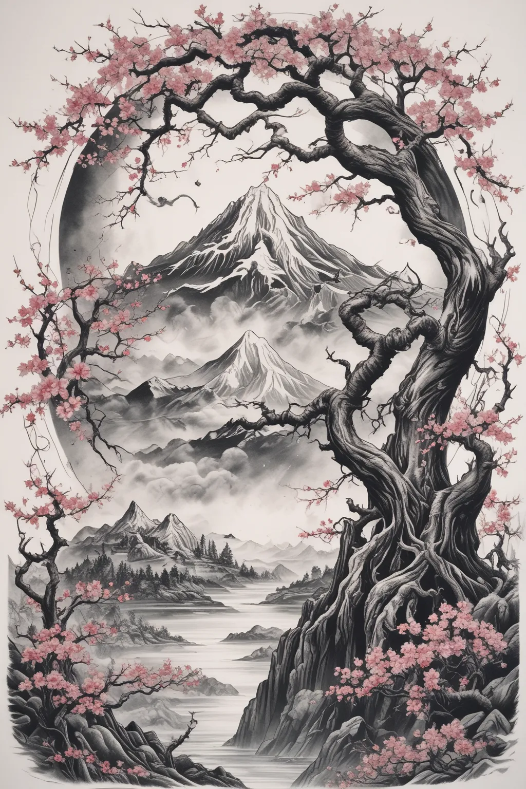 Sauron from The Lord of the Rings. The background features a dark, mystical landscape with falling cherry blossoms, creating an ominous, epic atmosphere blending Middle-earth and ancient Japan. 문신