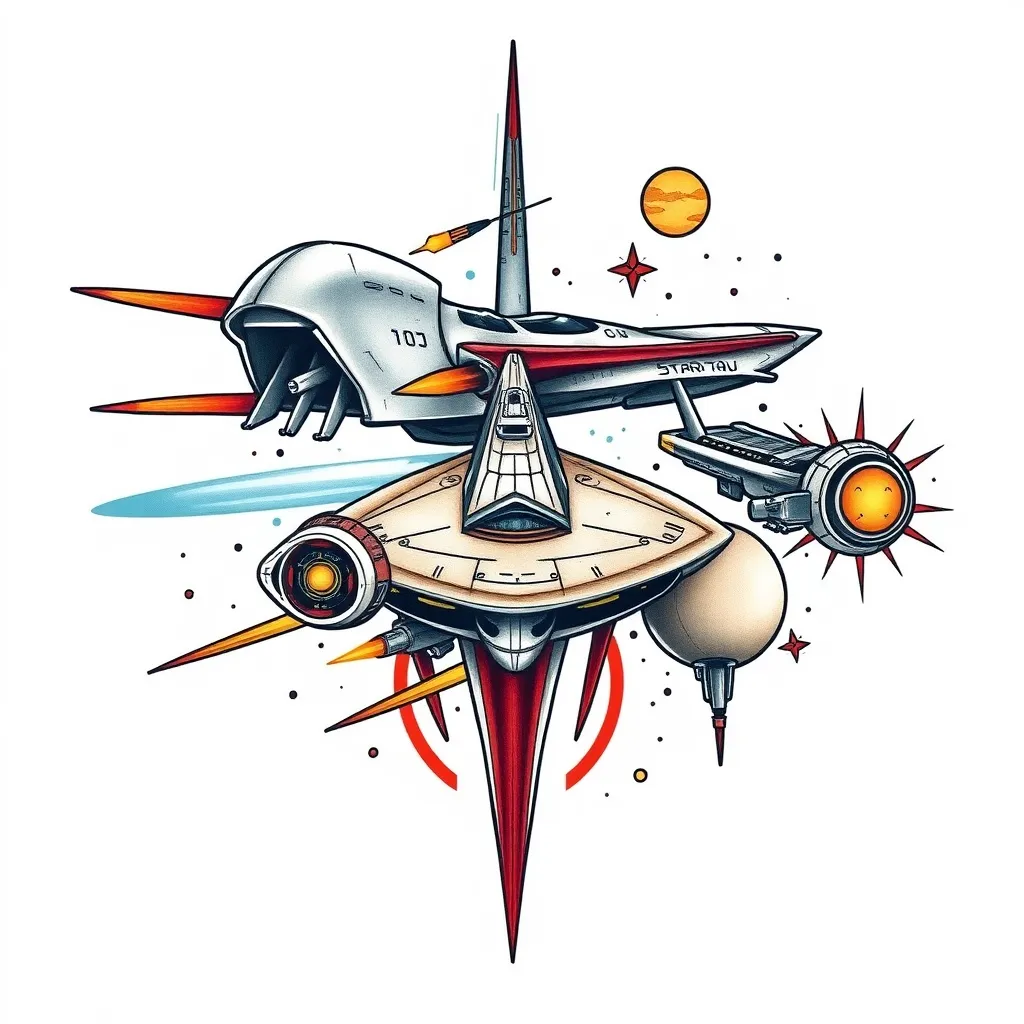 Science fiction with ships from:Star Wars, Star Trek, firefly, battlestar galactica and dune in it tatuaggio