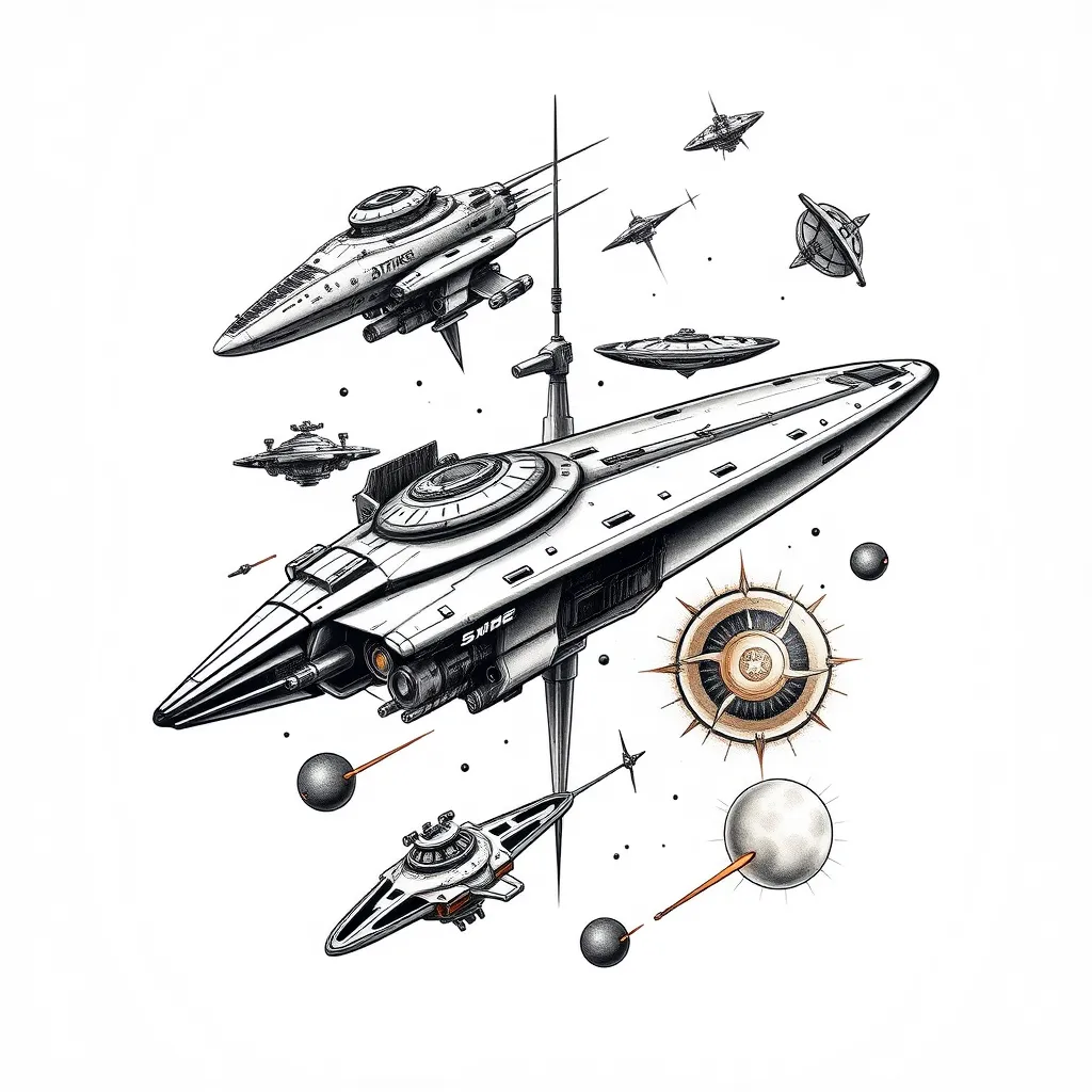 Science fiction with ships from:Star Wars, Star Trek, firefly, battlestar galactica and dune in it tatuaż