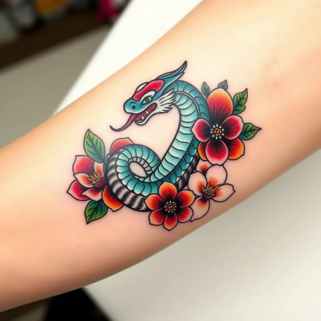 serpent entourés de fleurs sur le bras tatuaż