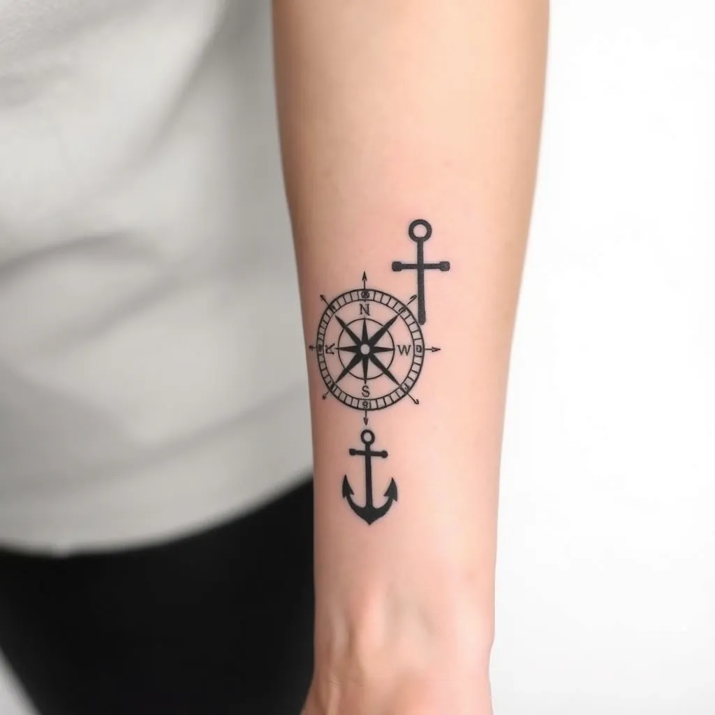 tatouage partagé avec boussole, horloge fleche, ancre sur avant-bras tatuagem