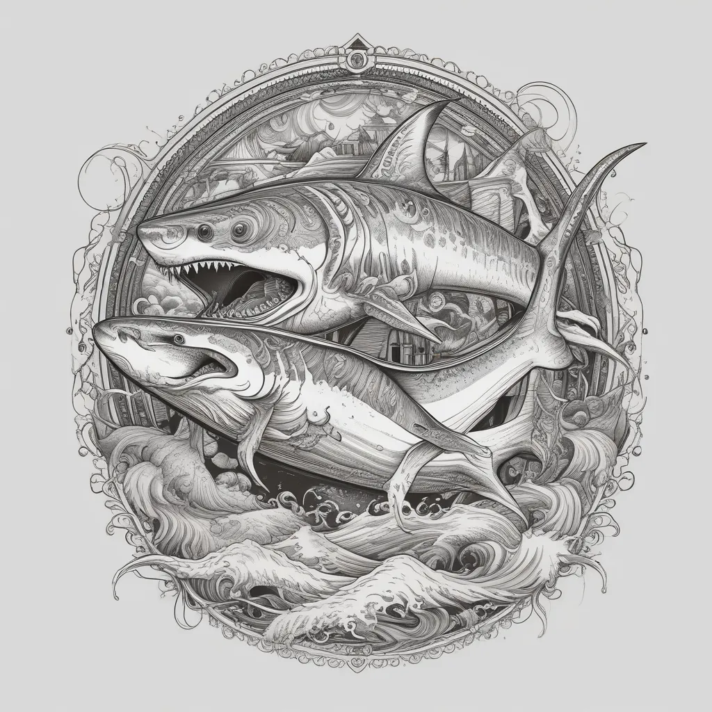 Requin qui coule une barque en bois avec deux pêcheurs qui sont apeurés en criant tattoo