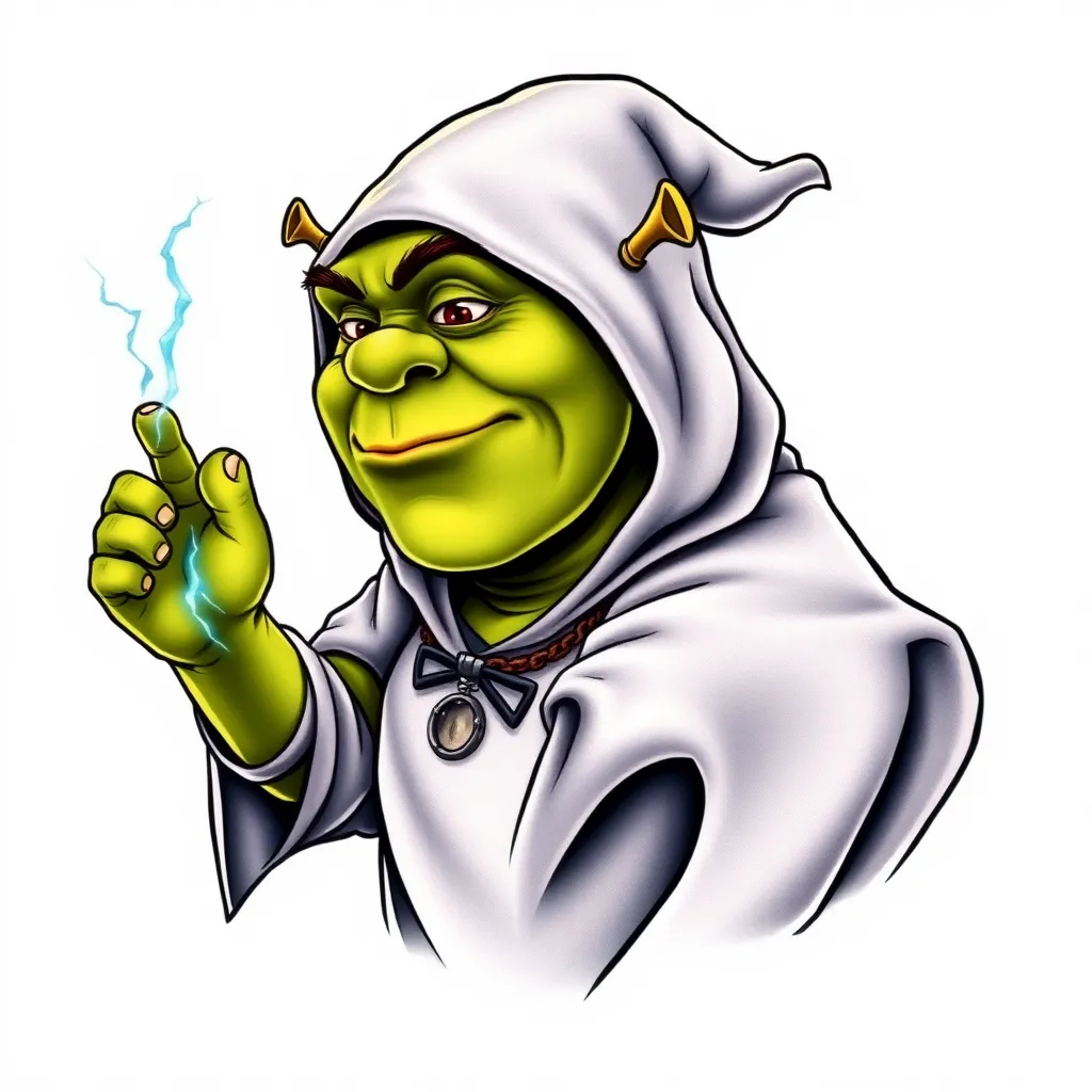 shrek in ghost costume with lightning bolts coming from his hand tattoo