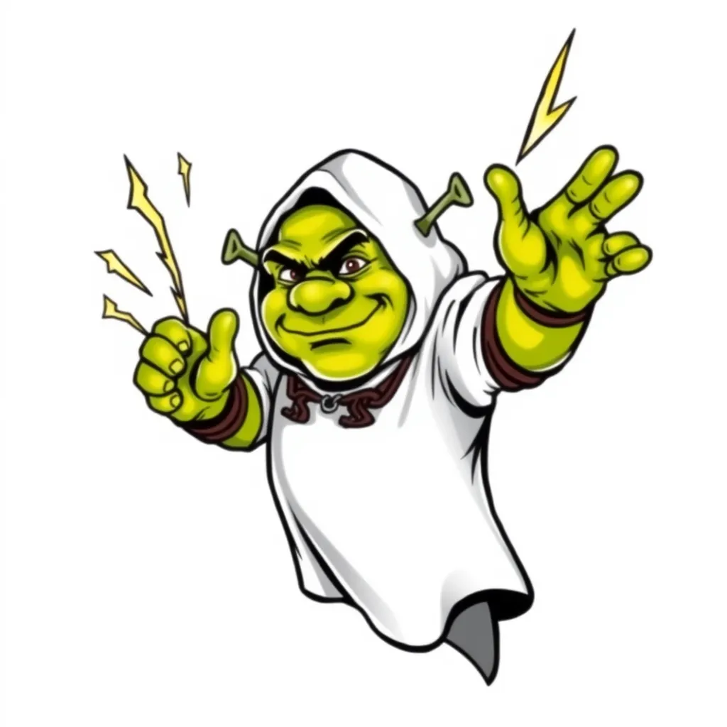 shrek in ghost costume with three lightning bolts coming from his hand tattoo