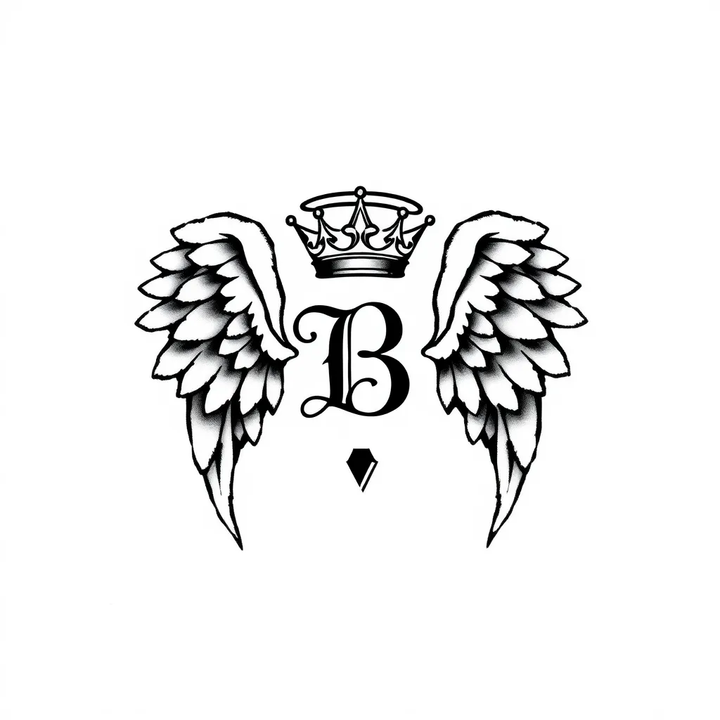 des ailes d'anges simple avec la lettre "B" au milieu et au dessus de la lettre "B" une couronne et une auréole d'ange tout sa avec un point virgule  татуировка