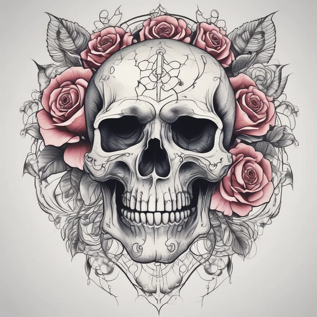 simple old school traditional style skull with roses on black background татуировка