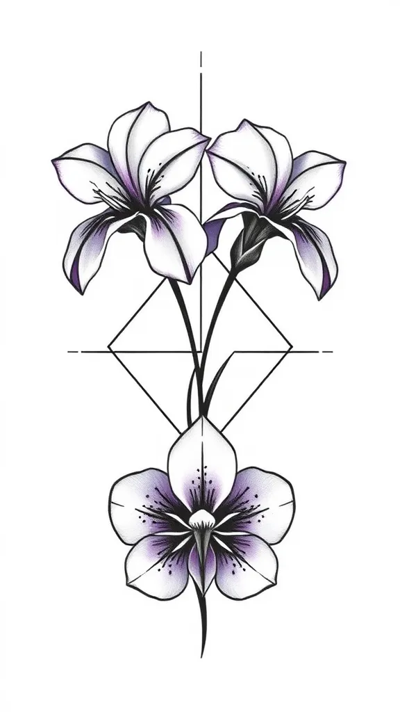 Tatouage épuré avec 2 iris et 2 violette, prénom Loéva et Milann, forme géometrique tattoo