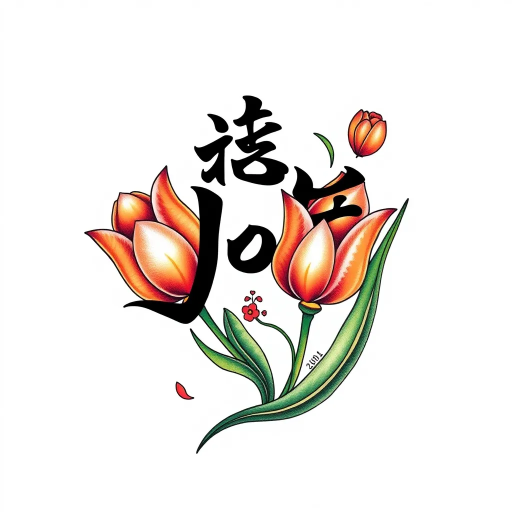 简体字 乐， 有郁金香元素 tattoo