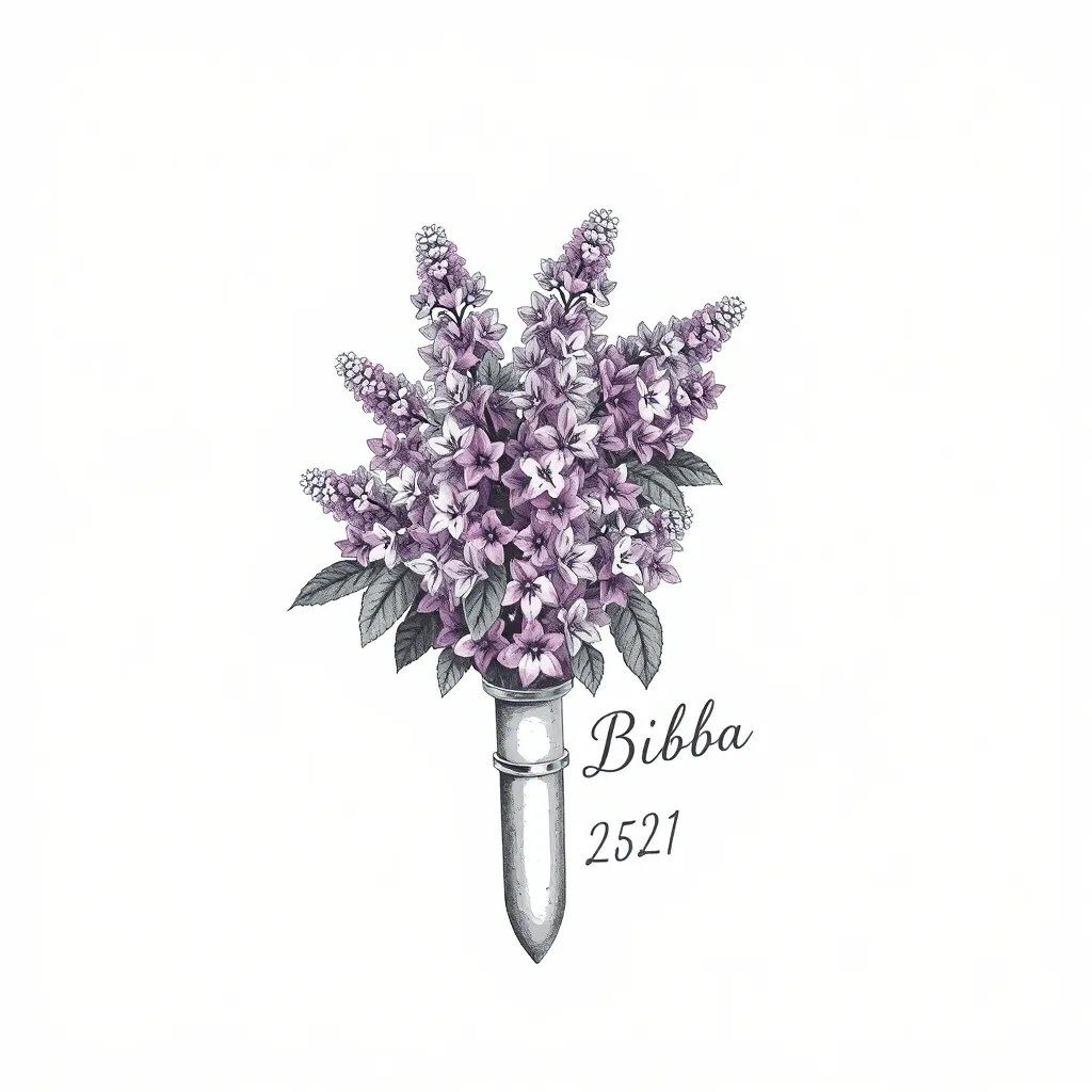 Einzelne Helllila Fliederstaude mit einem hellgrauen Abflussroh und dem Schriftzug Bibba tatuointi
