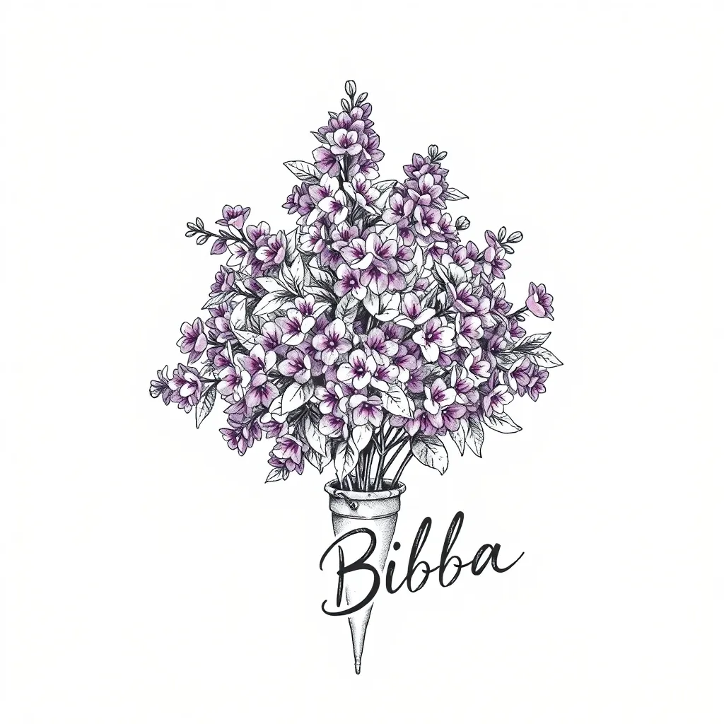Einzelne Fliederstaude mit einem dicken hellgrauen Abflussrohr und dem Schriftzug „Bibba“ tatuointi