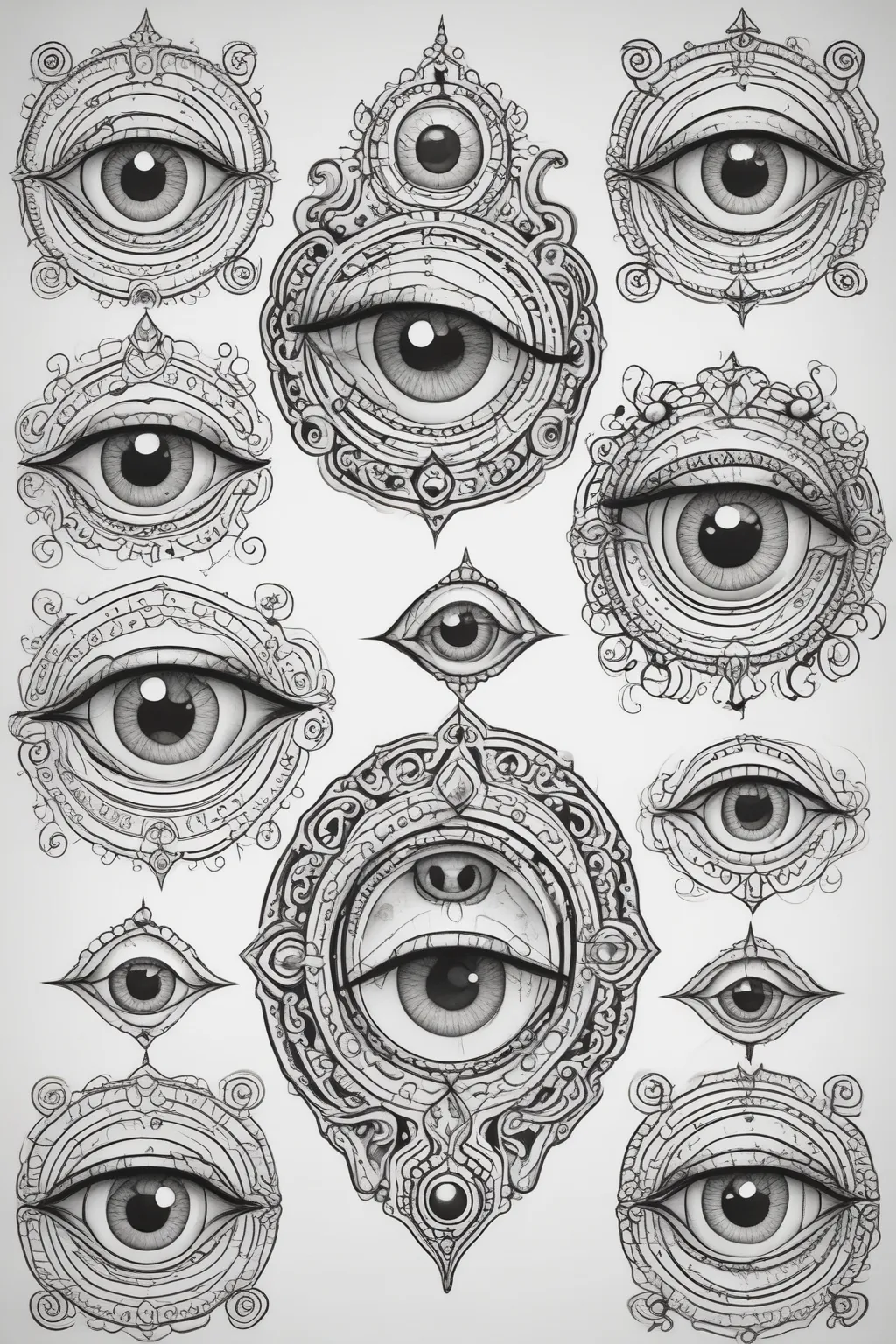 Six eyes with different pupil positions. Different emotions: squint, wide open, tearful.  tattoo