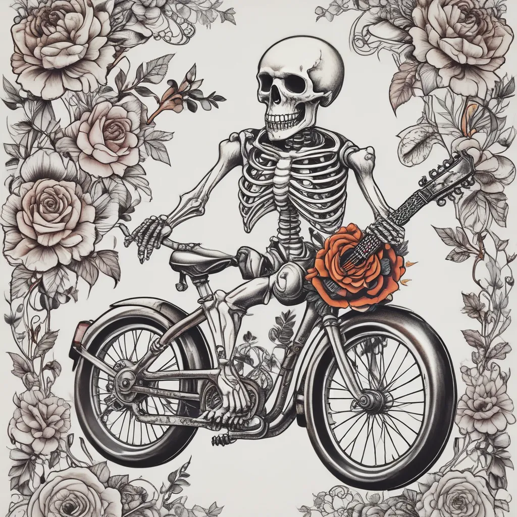 Skeleton with guitar on bicycle tetování