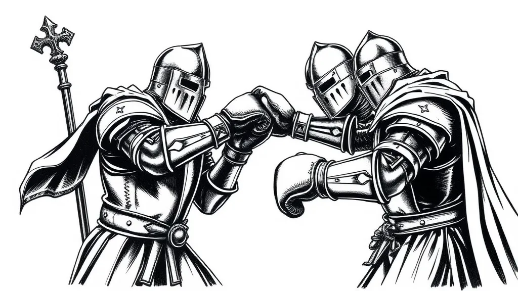 sketch tattoo engraving, black and white, knights in full growth, in boxing gloves, fighting, boxing, different armor and helmets of knights 纹身