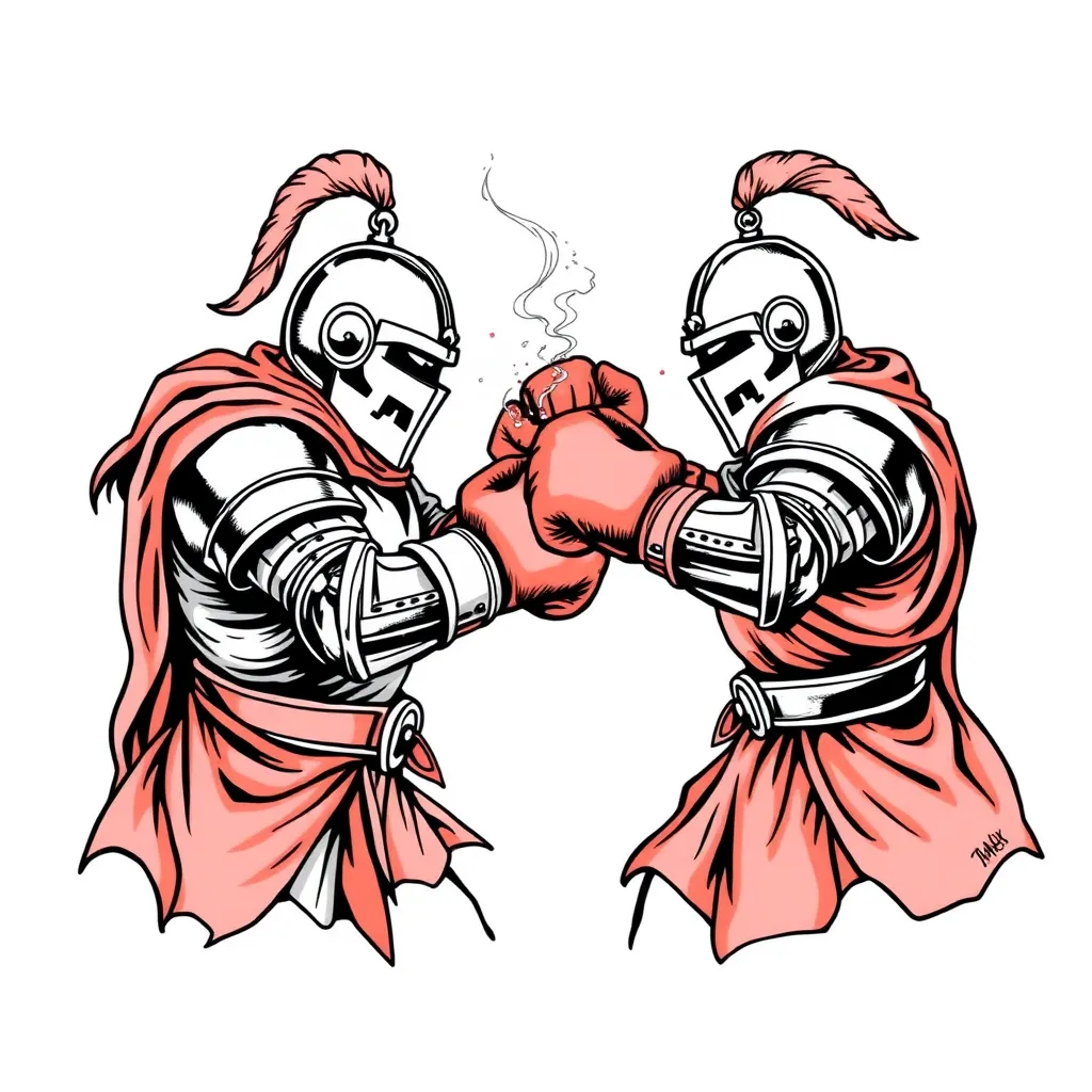 sketch tattoo engraving, black and white, knights in full growth, in boxing gloves, fighting tattoo