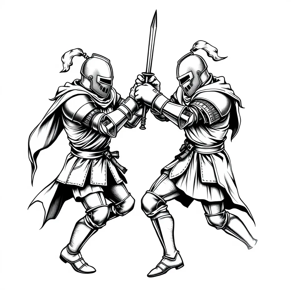 sketch tattoo engraving, black and white, knights in full growth, in boxing gloves, fighting 纹身