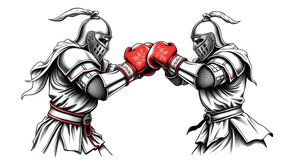 sketch tattoo engraving, knights in full growth, in boxing gloves, fighting 纹身