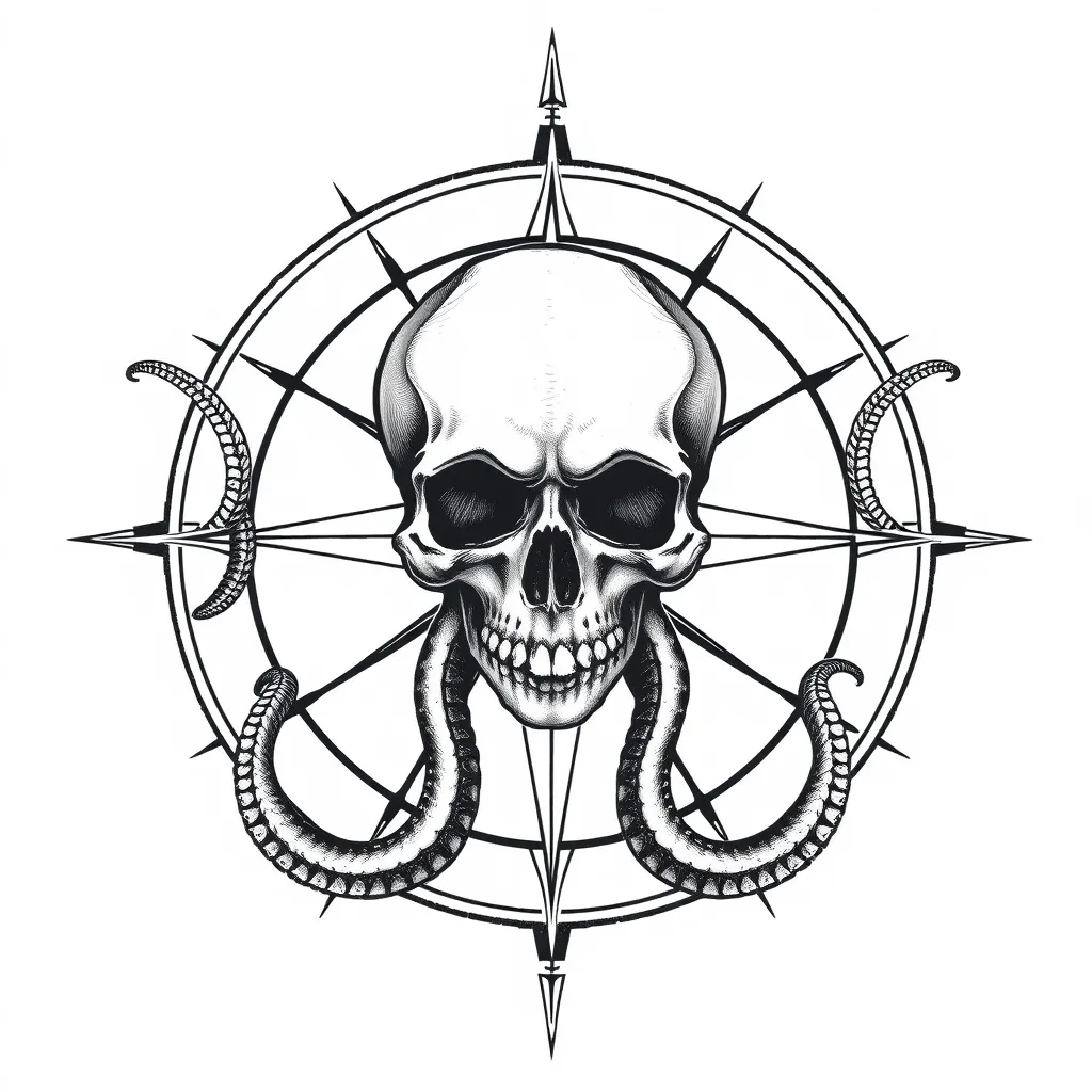 teschio circoscritto da una rosa dei venti. a lato destro e sinistro partono dalla base del disegno 4 tentacoli che si diramano vesto l'esterno tattoo