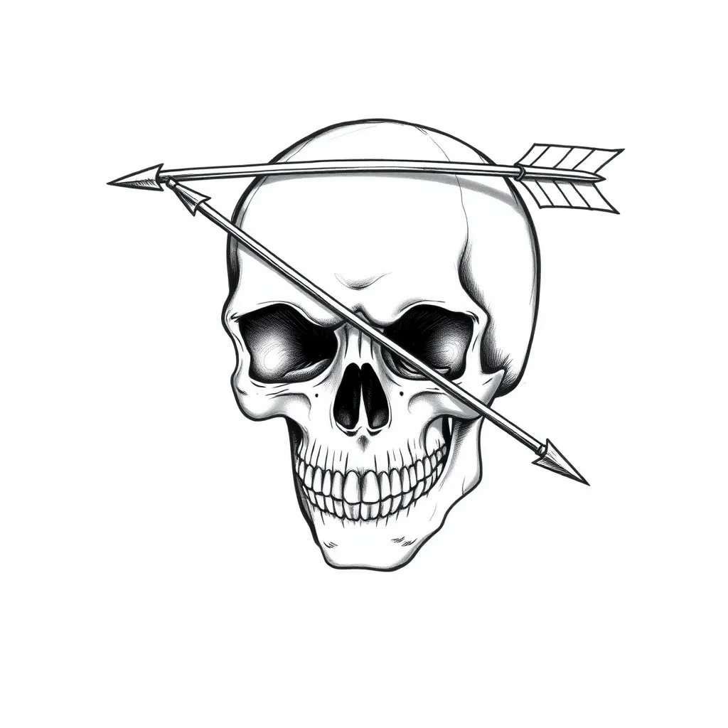 Skull with arrow crossing from the top of the head to the bottom and the nose from arrow was a.308 bullet  tattoo