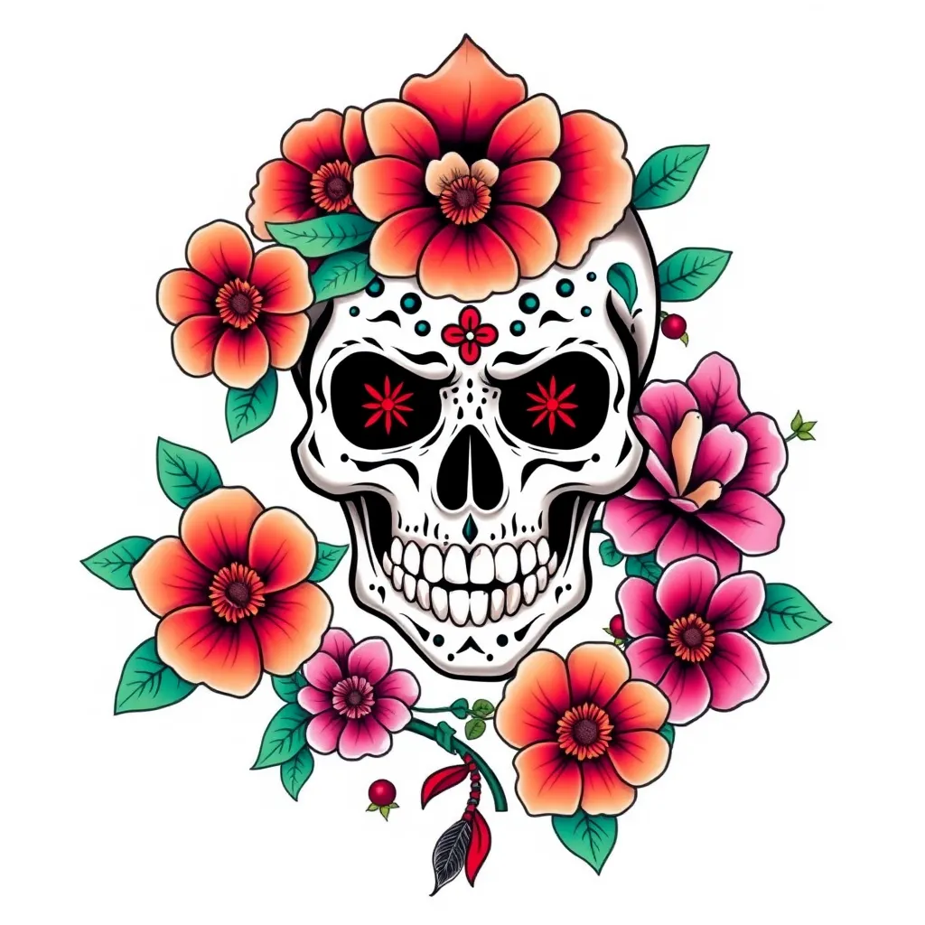 Skulls, Flowers, Mexican tattoo