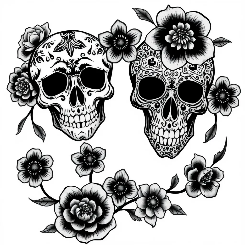 skulls, flowers, old school mexican tattoo