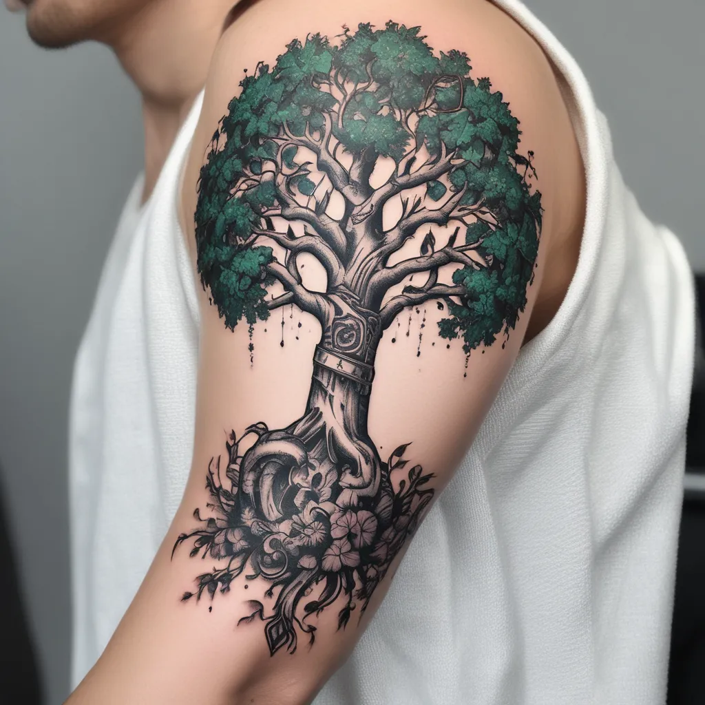 Sleeve Arm Tattoo: Poison Tree, Christian Chain in Hand,  وشم