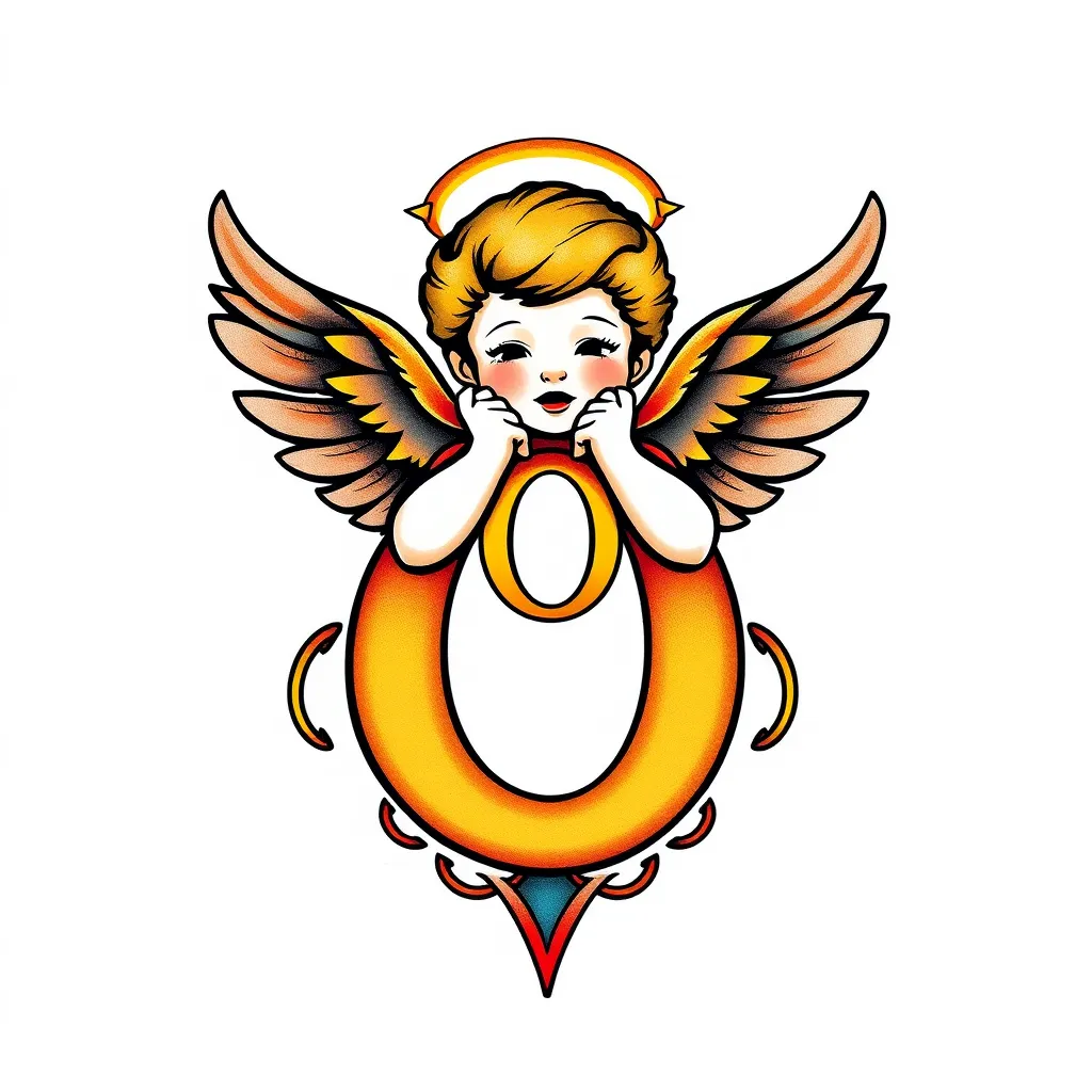 small angel with letter O tattoo