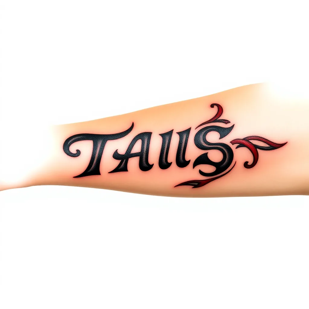 Small black Maori style tattoo with the name TAIS written on male arm tattoo