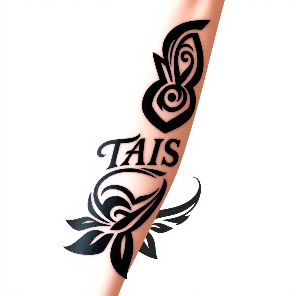 Small black Maori style tattoo with the name TAIS written on male arm tattoo