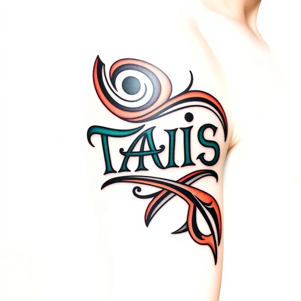 Small Maori style tattoo with the name TAIS written on male arm tattoo