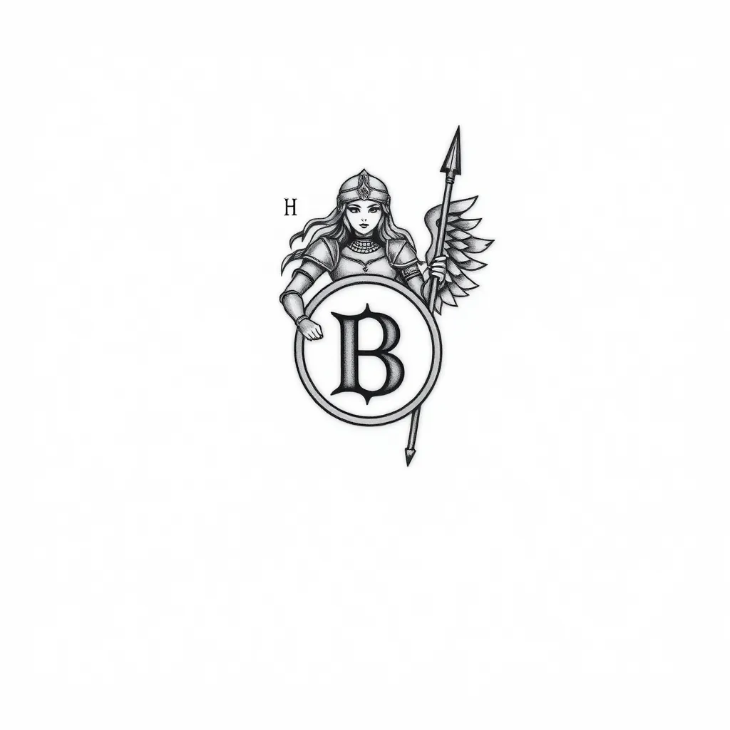 Small minimalistic tatoo. It needs to mix a letter B with a valkyrie. The valkirie needs to be present full body, and has long hair. She has to wear light armor, round shield, winged helm and long lance. The letter B has to be visible and big enoug, but not inside the shield. Its supposed to be drawed on an ankle. tattoo