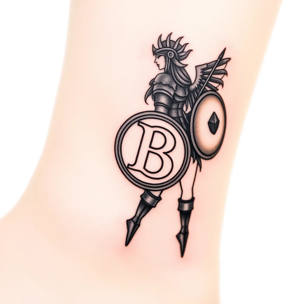 Small minimalistic tatoo. It needs to mix a letter B with a valkyrie. The valkirie needs to be present full body, with her leather armor, round shield, helm with wings and long lance. She is facing her side, showing her silouette. The letter B has to be visible and big enoug, but not inside the shield. Its supposed to be drawed on an ankle. tattoo