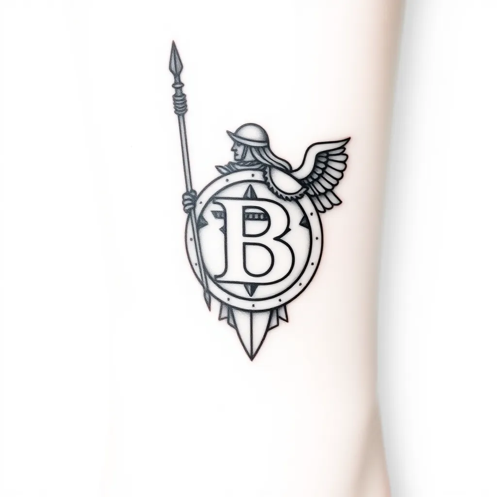 Small minimalistic tatoo. It needs to mix a letter B with a valkyrie. The valkirie needs to be present full body, with her leather armor, round shield, winged helm and long lance. The letter B has to be visible and big enoug, but not inside the shield. Its supposed to be drawed on an ankle. τατουάζ