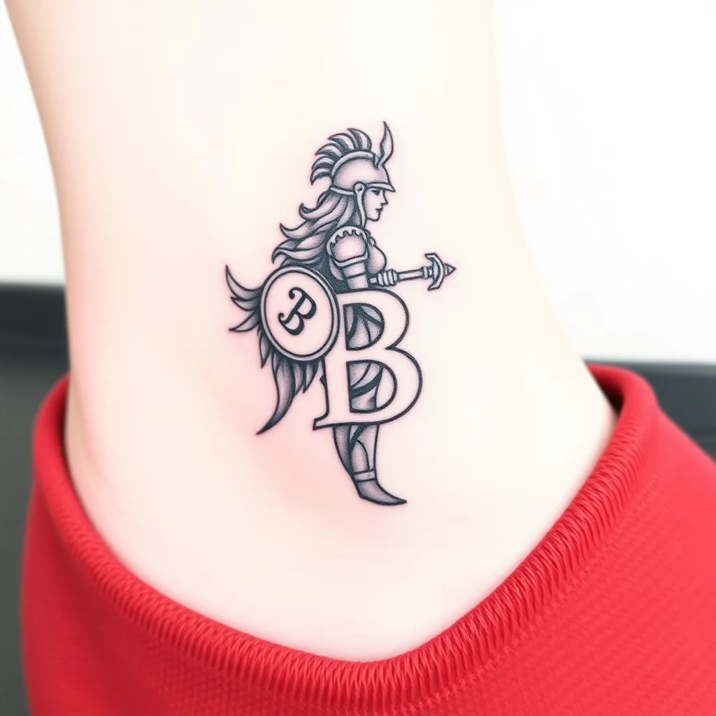 Small minimalistic tatoo. It needs to mix a letter B with a valkyrie. The valkirie needs to wear light armor, round shield,  a helm with wings and long lance. She is facing her side, showing her silouette. The letter B has to be visible and big enoug. Its supposed to be drawed on an ankle. tatuaż