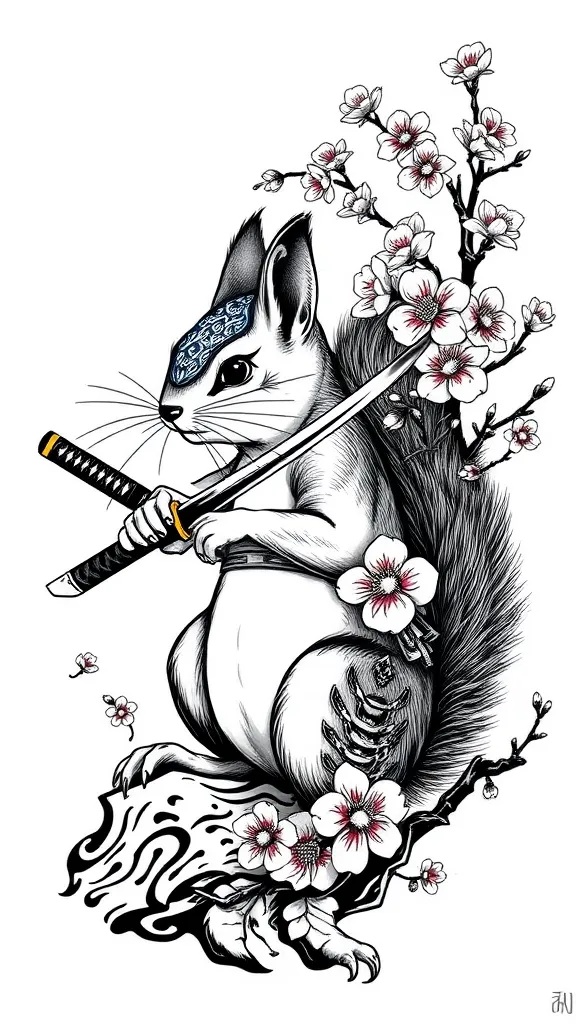 petit écureuil en mode guerrier avec un katana et des fleurs de sakura dövme