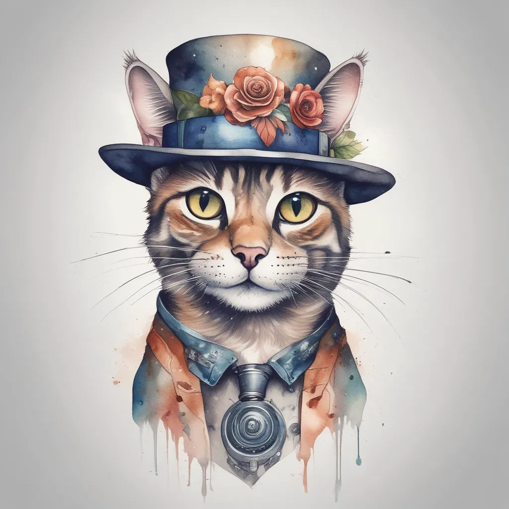Smiling cat with cylinder hat on head  tattoo