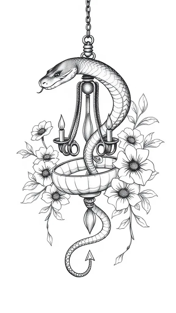 snake coiling a chandelier with flowers in the background 入れ墨