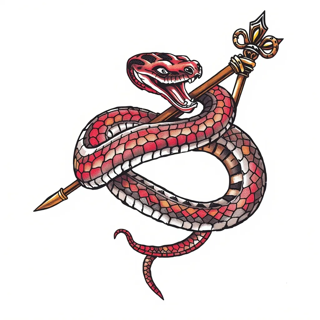 蛇缠绕权杖 纹身