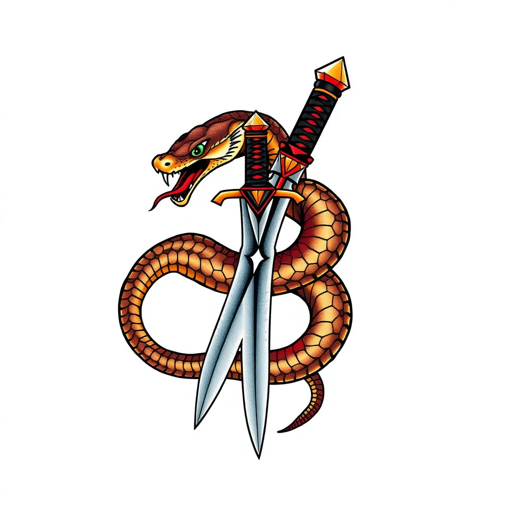 Snake intertwined with a dagger tattoo