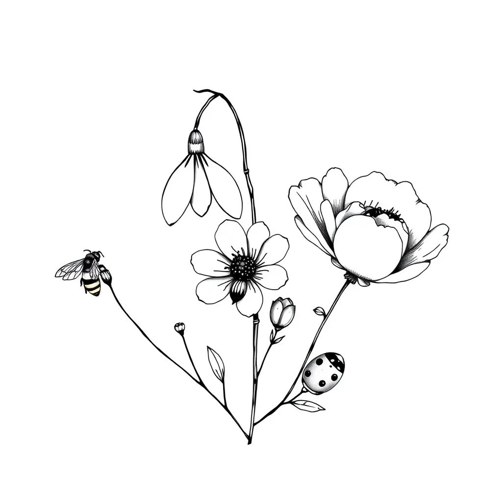 Snowdrop, Cosmos, and Peony with A bee, caterpillar, and ladybug.

I want it black and white, very feminine and dainty, and thin line with shadowing. 
 tatuaż